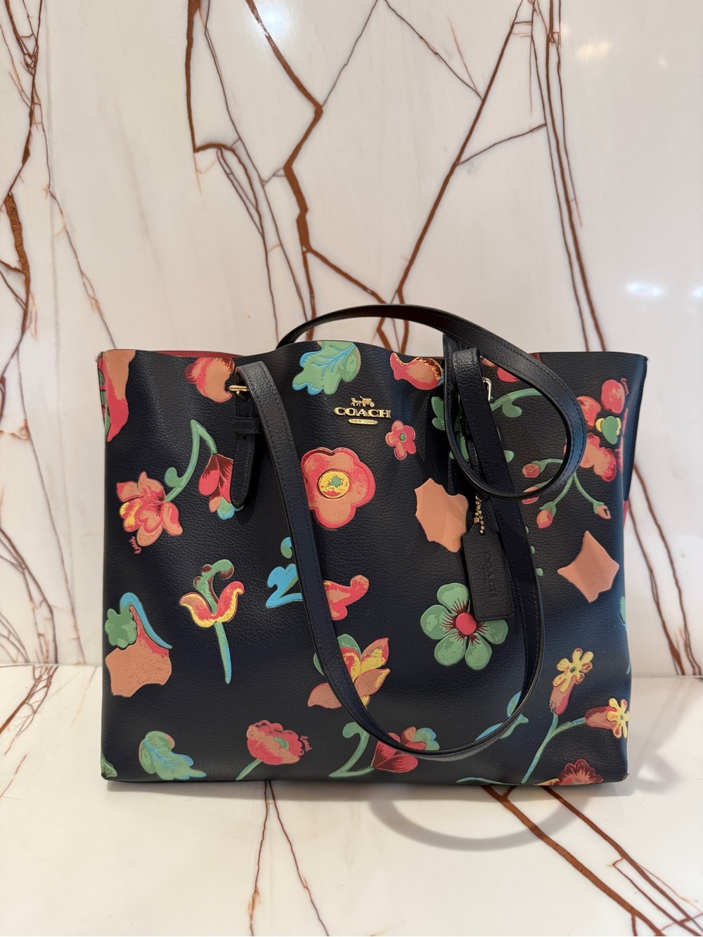 Coach Navy Leather Floral Tote with Multicolor Bloom Print